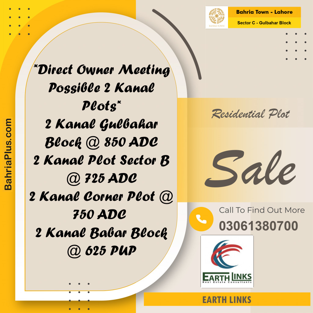 2 Kanal Residential Plot for Sale in Sector C - Gulbahar Block -  Bahria Town, Lahore - (BP-252908)