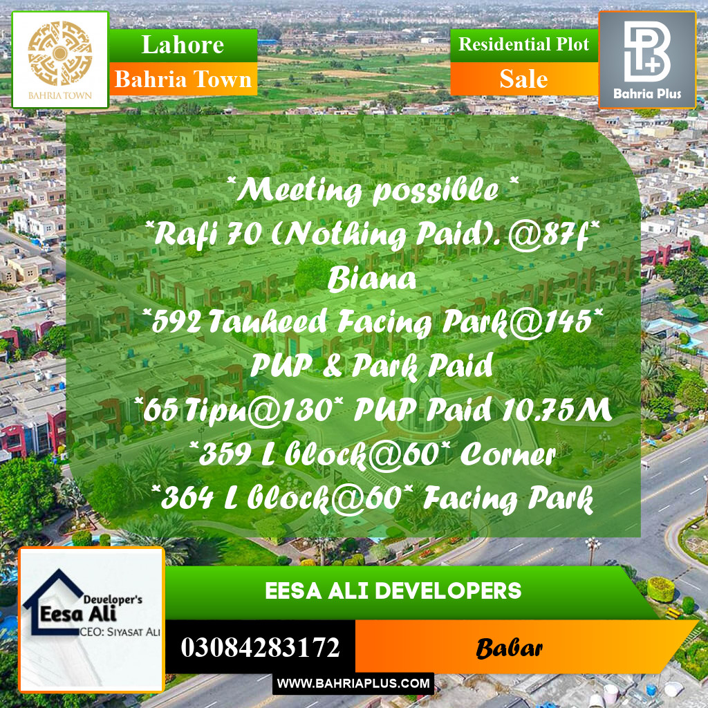 Residential Plot for Sale in Bahria Town, Lahore - (BP-253028)
