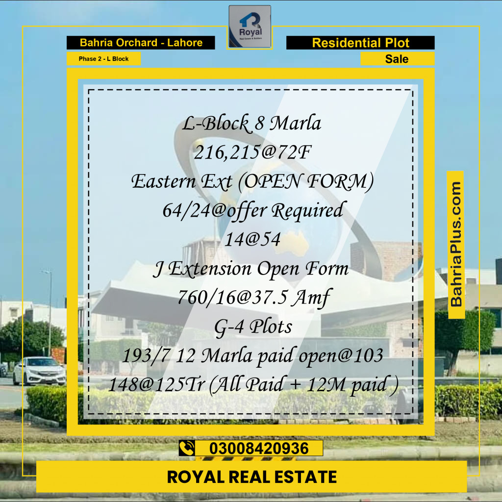 8 Marla Residential Plot for Sale in Phase 2 - L Block -  Bahria Orchard, Lahore - (BP-253278)