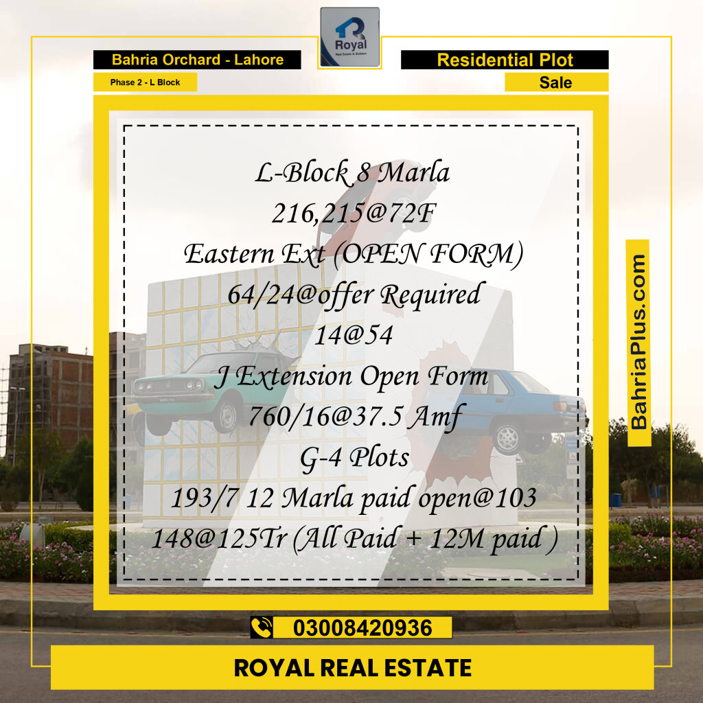 8 Marla Residential Plot for Sale in Phase 2 - L Block -  Bahria Orchard, Lahore - (BP-253279)