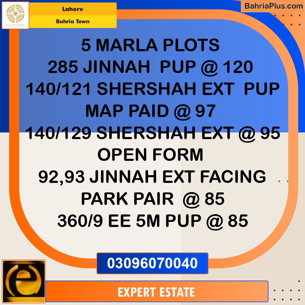 5 Marla Residential Plot for Sale in Bahria Town, Lahore - (BP-253291)
