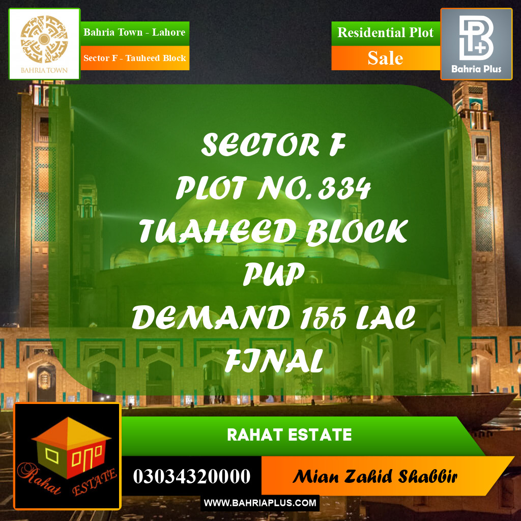10 Marla Residential Plot for Sale in Sector F - Tauheed Block -  Bahria Town, Lahore - (BP-253296)