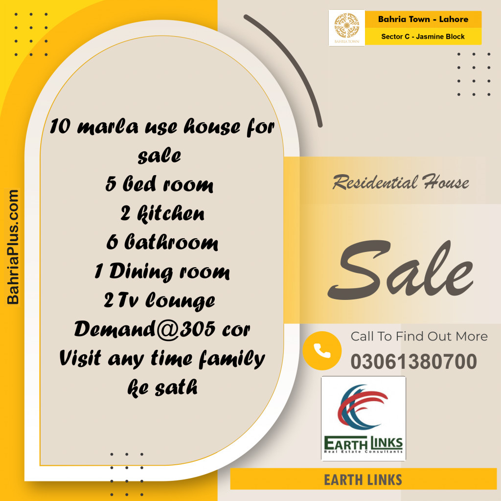 10 Marla Residential House for Sale in Sector C - Jasmine Block -  Bahria Town, Lahore - (BP-253565)