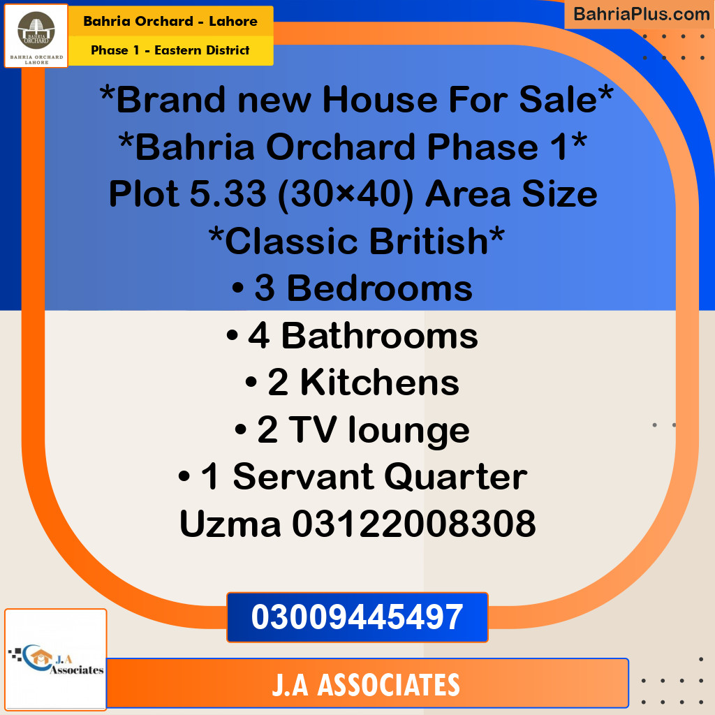 5.33 Marla Residential House for Sale in Phase 1 - Eastern District -  Bahria Orchard, Lahore - (BP-253800)