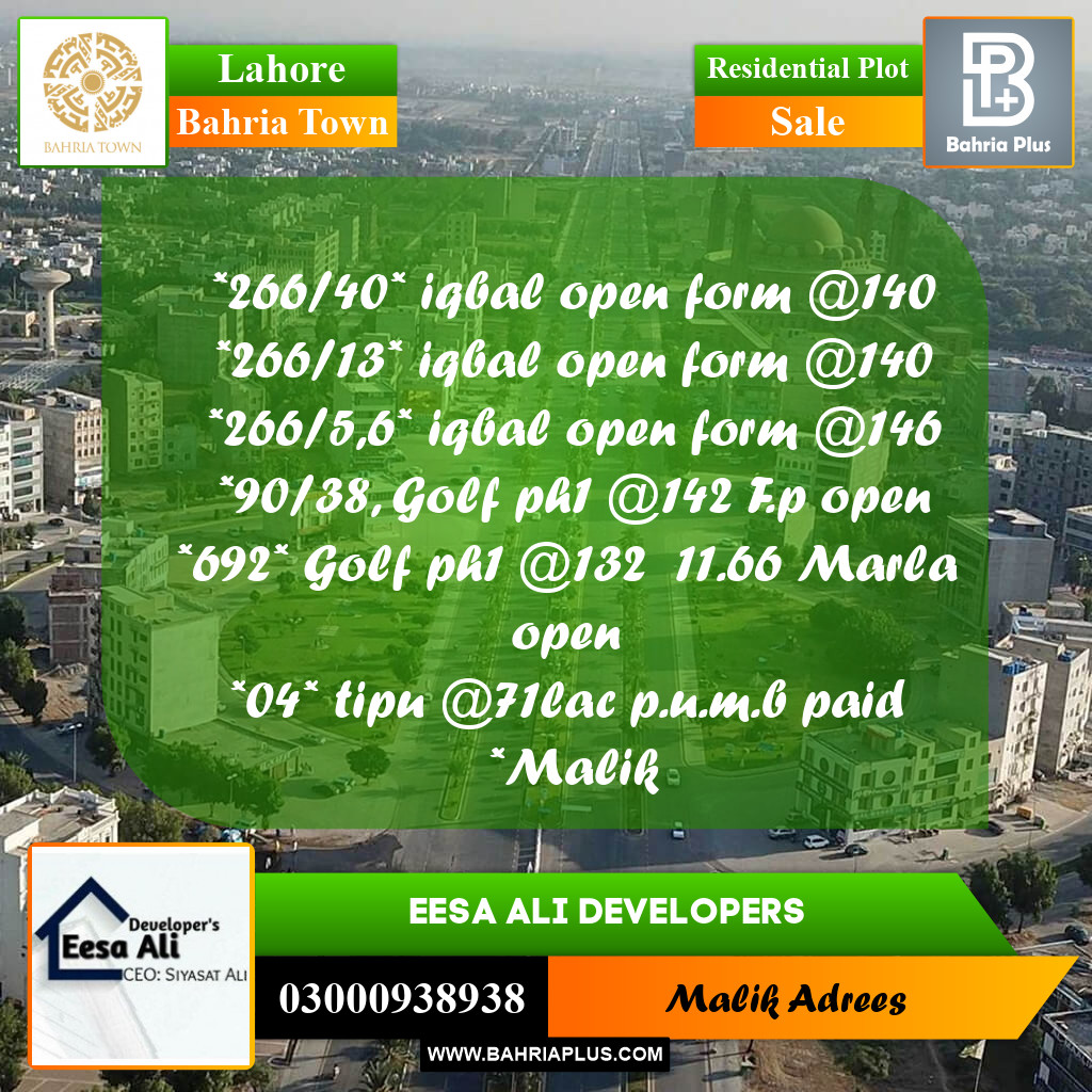 Residential Plot for Sale in Bahria Town, Lahore - (BP-253902)