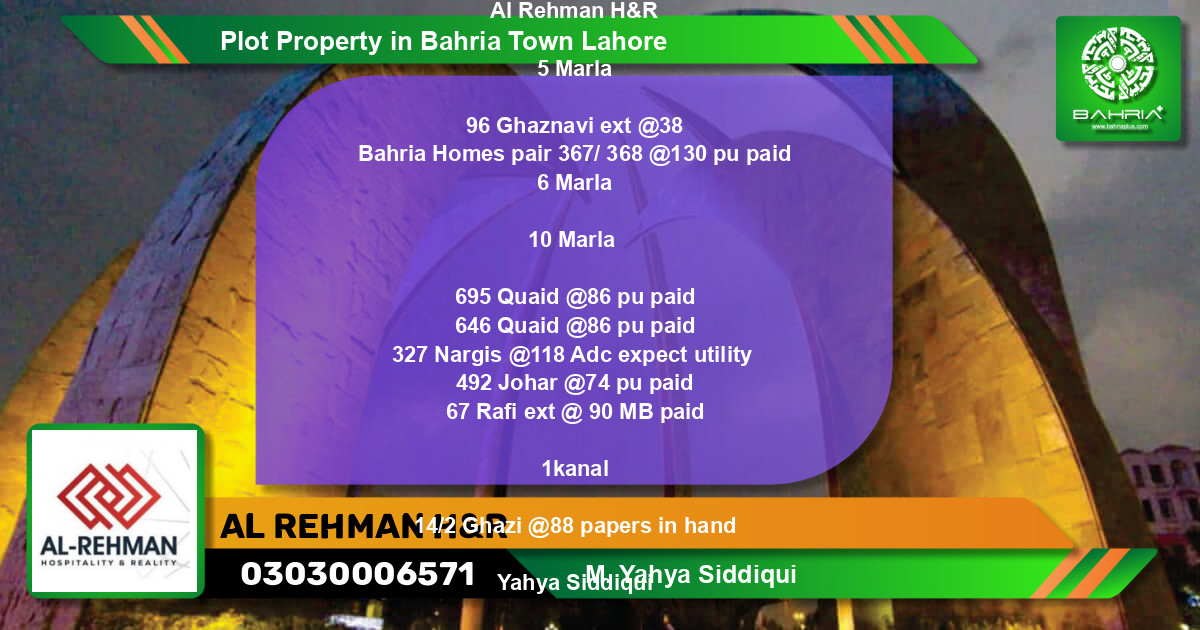 Residential Plot for Sale in Bahria Town, Lahore - (BP-25411)