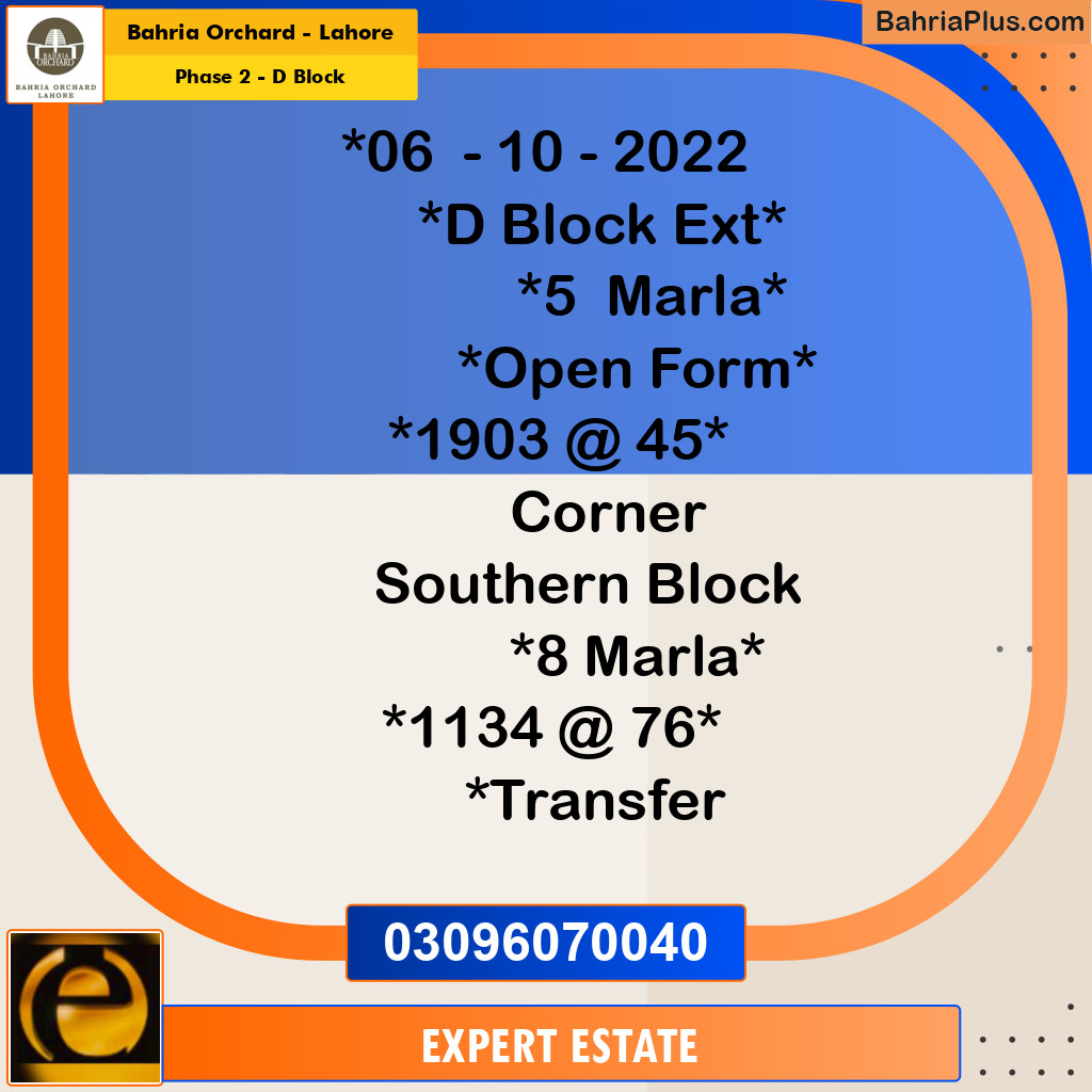 5 Marla Residential Plot for Sale in Phase 2 - D Block -  Bahria Orchard, Lahore - (BP-254143)