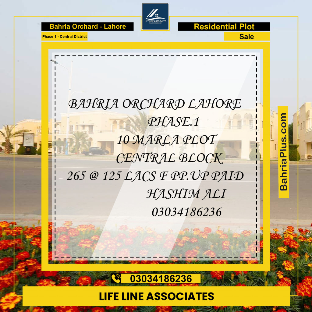 10 Marla Residential Plot for Sale in Phase 1 - Central District -  Bahria Orchard, Lahore - (BP-254348)