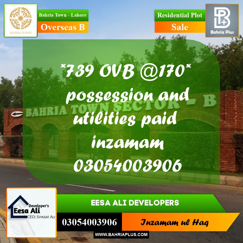 Residential Plot for Sale in Overseas B -  Bahria Town, Lahore - (BP-254417)