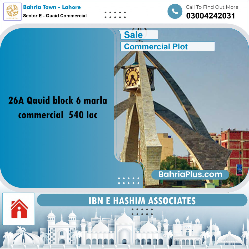 6 Marla Commercial Plot for Sale in Sector E - Quaid Commercial -  Bahria Town, Lahore - (BP-254429)
