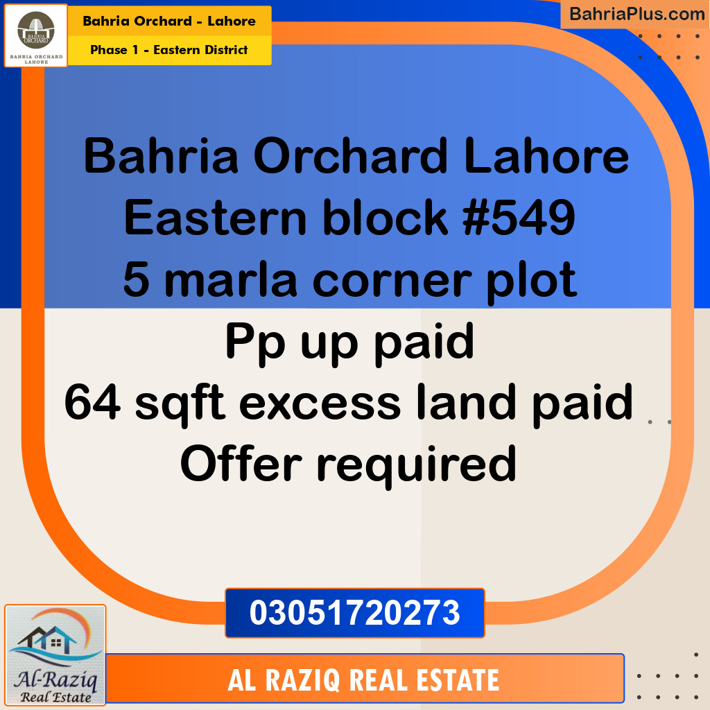 5 Marla Residential Plot for Sale in Phase 1 - Eastern District -  Bahria Orchard, Lahore - (BP-254525)