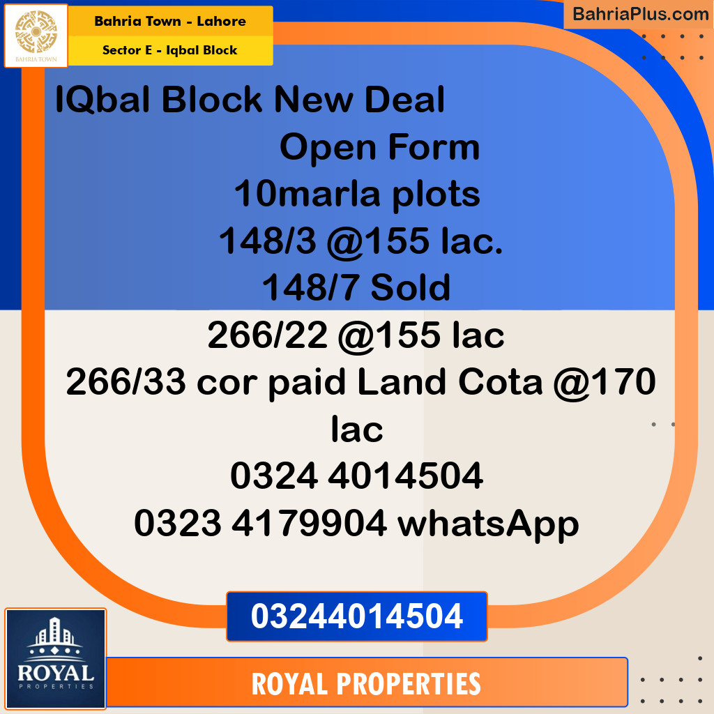 Residential Plot for Sale in Sector E - Iqbal Block -  Bahria Town, Lahore - (BP-254551)