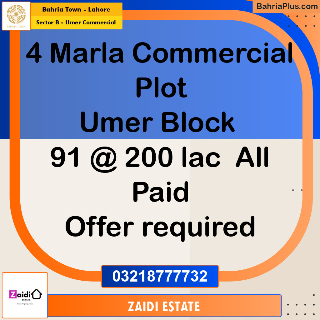 4 Marla Commercial Plot for Sale in Sector B - Umer Commercial -  Bahria Town, Lahore - (BP-254658)