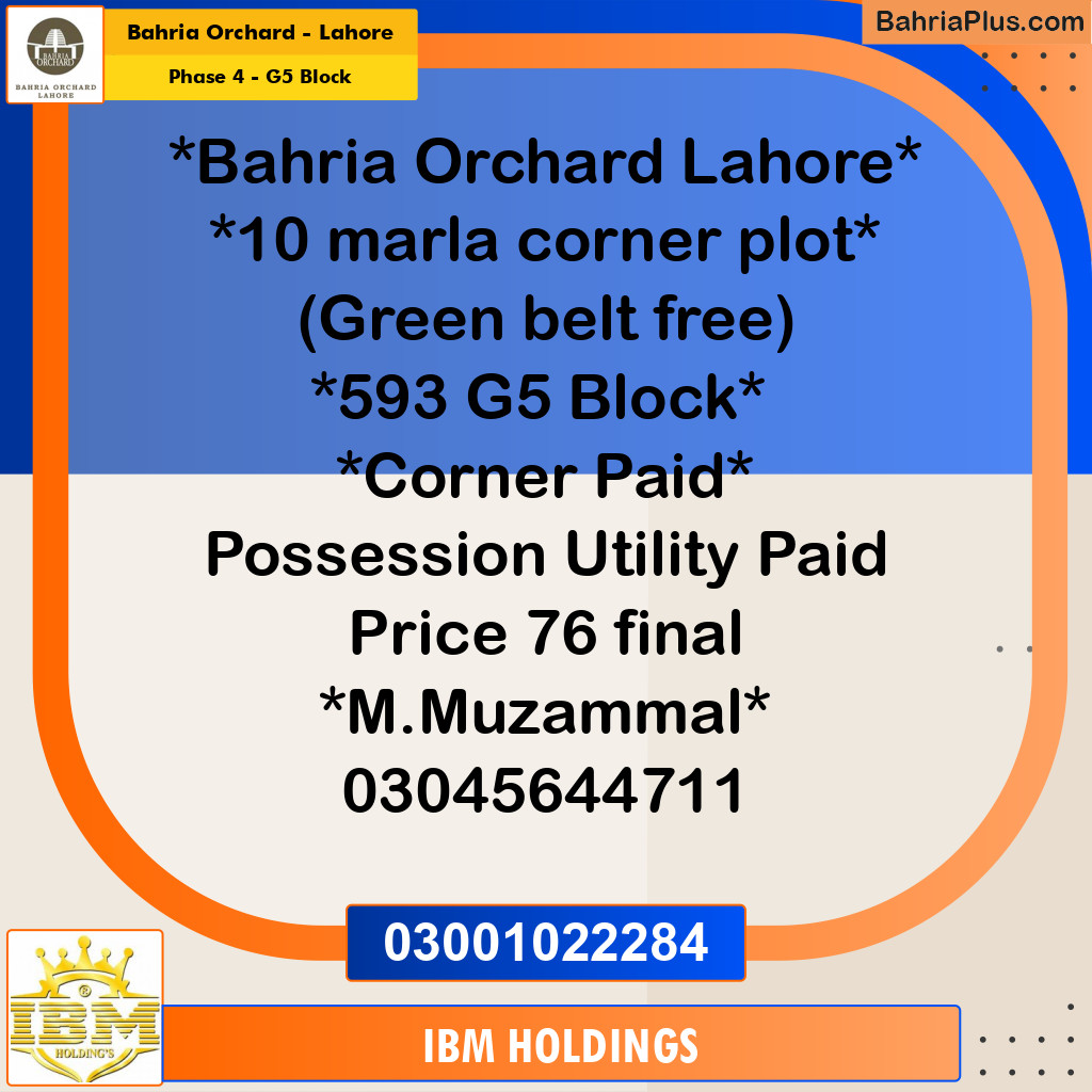 10 Marla Residential Plot for Sale in Phase 4 - G5 Block -  Bahria Orchard, Lahore - (BP-254723)