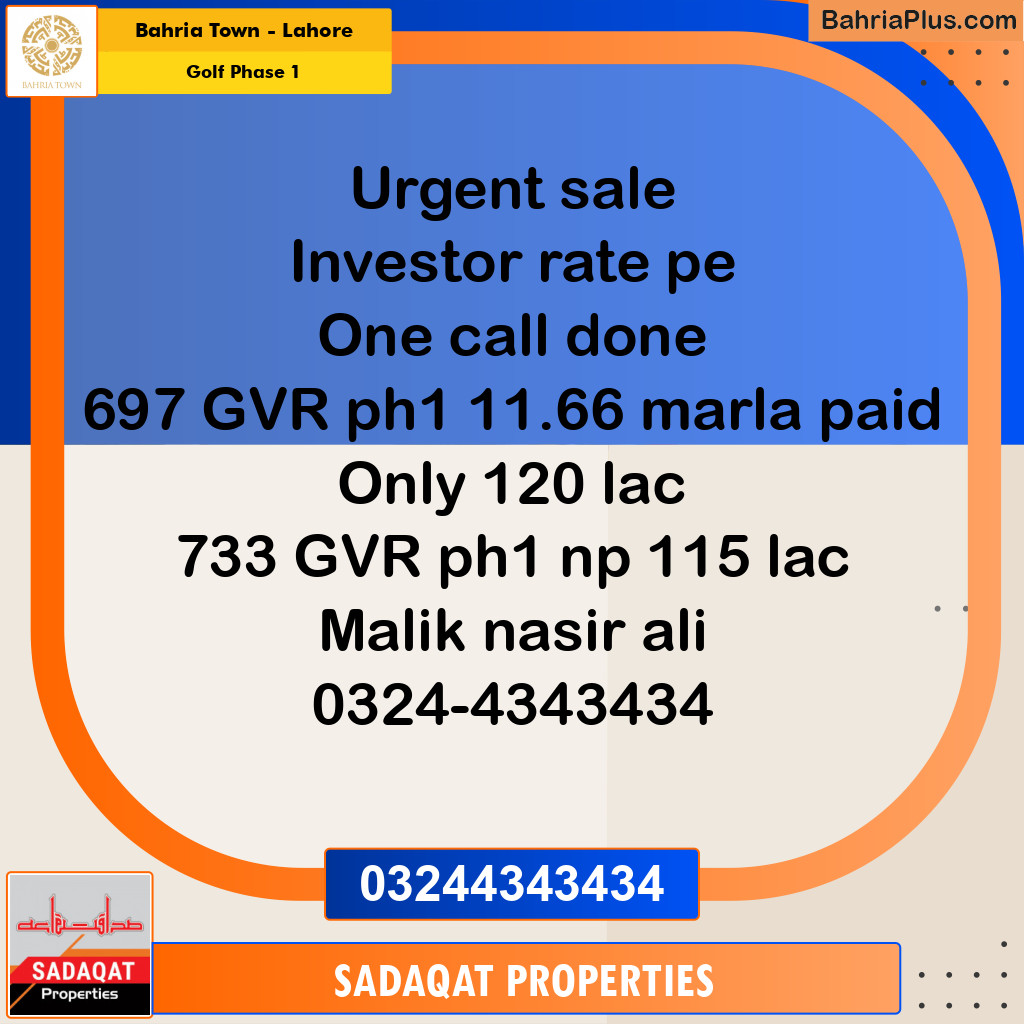 11.66 Marla Residential Plot for Sale in Golf Phase 1 -  Bahria Town, Lahore - (BP-254743)
