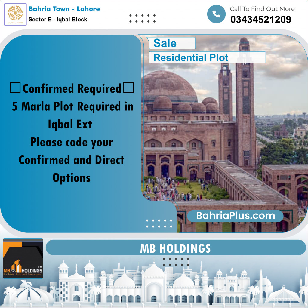 5 Marla Residential Plot for Sale in Sector E - Iqbal Block -  Bahria Town, Lahore - (BP-254785)