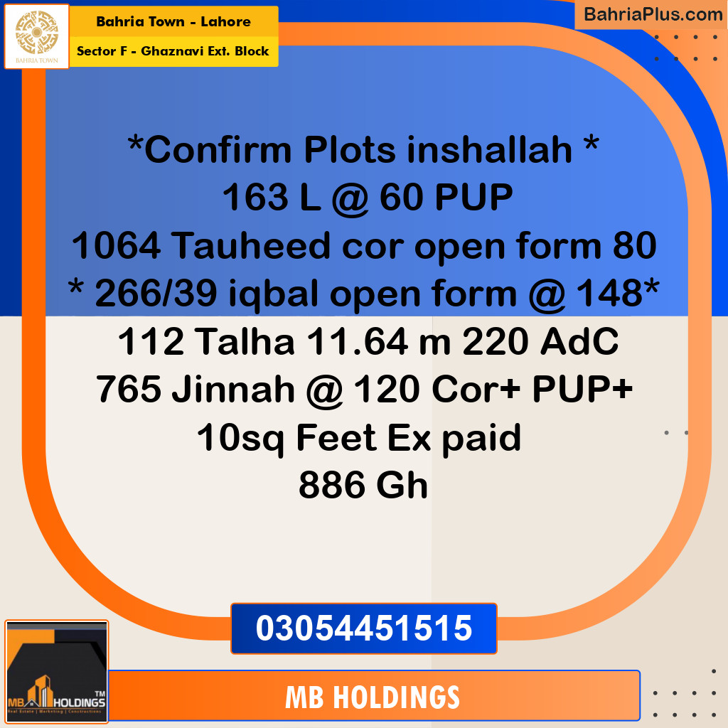 10 Marla Residential Plot for Sale in Sector F - Ghaznavi Ext. Block -  Bahria Town, Lahore - (BP-254886)