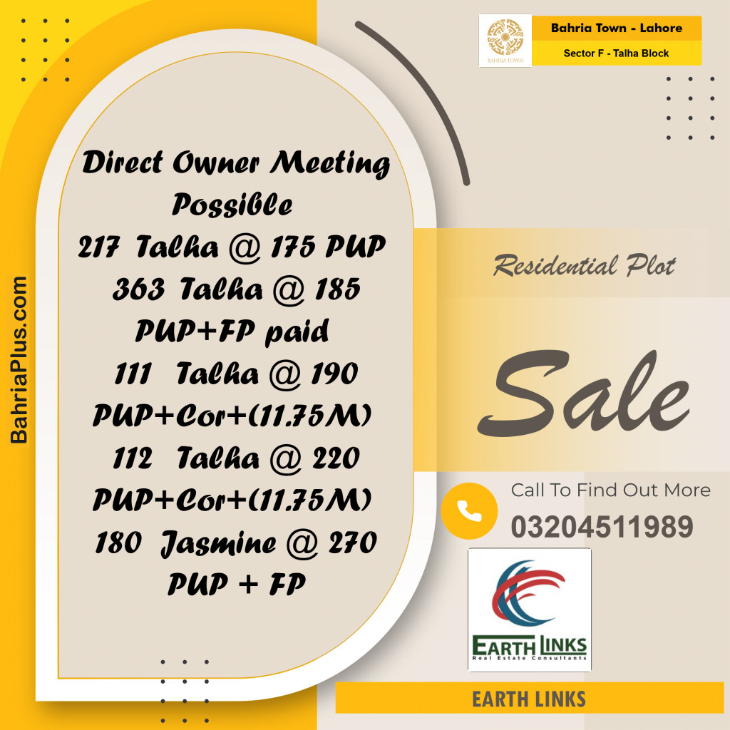 10 Marla Residential Plot for Sale in Sector F - Talha Block -  Bahria Town, Lahore - (BP-254894)