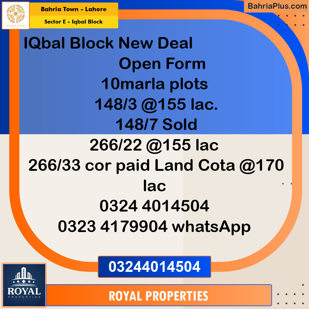 Residential Plot for Sale in Sector E - Iqbal Block -  Bahria Town, Lahore - (BP-255005)