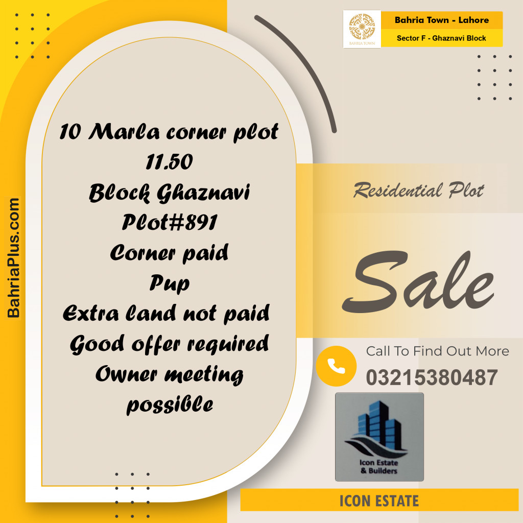10 Marla Residential Plot for Sale in Sector F - Ghaznavi Block -  Bahria Town, Lahore - (BP-255063)