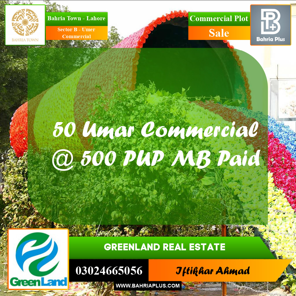 8 Marla Commercial Plot for Sale in Sector B - Umer Commercial -  Bahria Town, Lahore - (BP-255250)