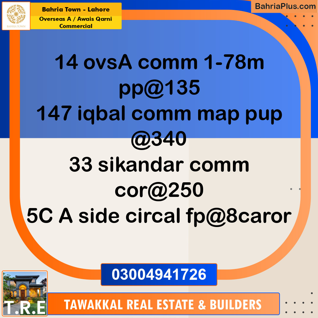 1.78 Sq. Ft. Commercial Plot for Sale in Overseas A / Awais Qarni Commercial -  Bahria Town, Lahore - (BP-255759)