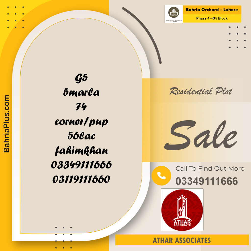 5 Marla Residential Plot for Sale in Phase 4 - G5 Block -  Bahria Orchard, Lahore - (BP-255771)