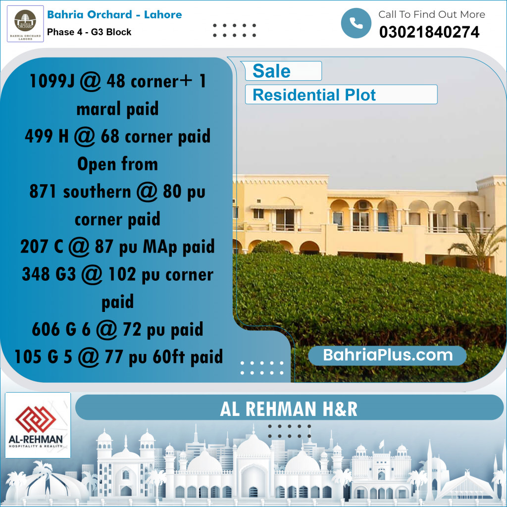 10 Marla Residential Plot for Sale in Phase 4 - G3 Block -  Bahria Orchard, Lahore - (BP-256131)