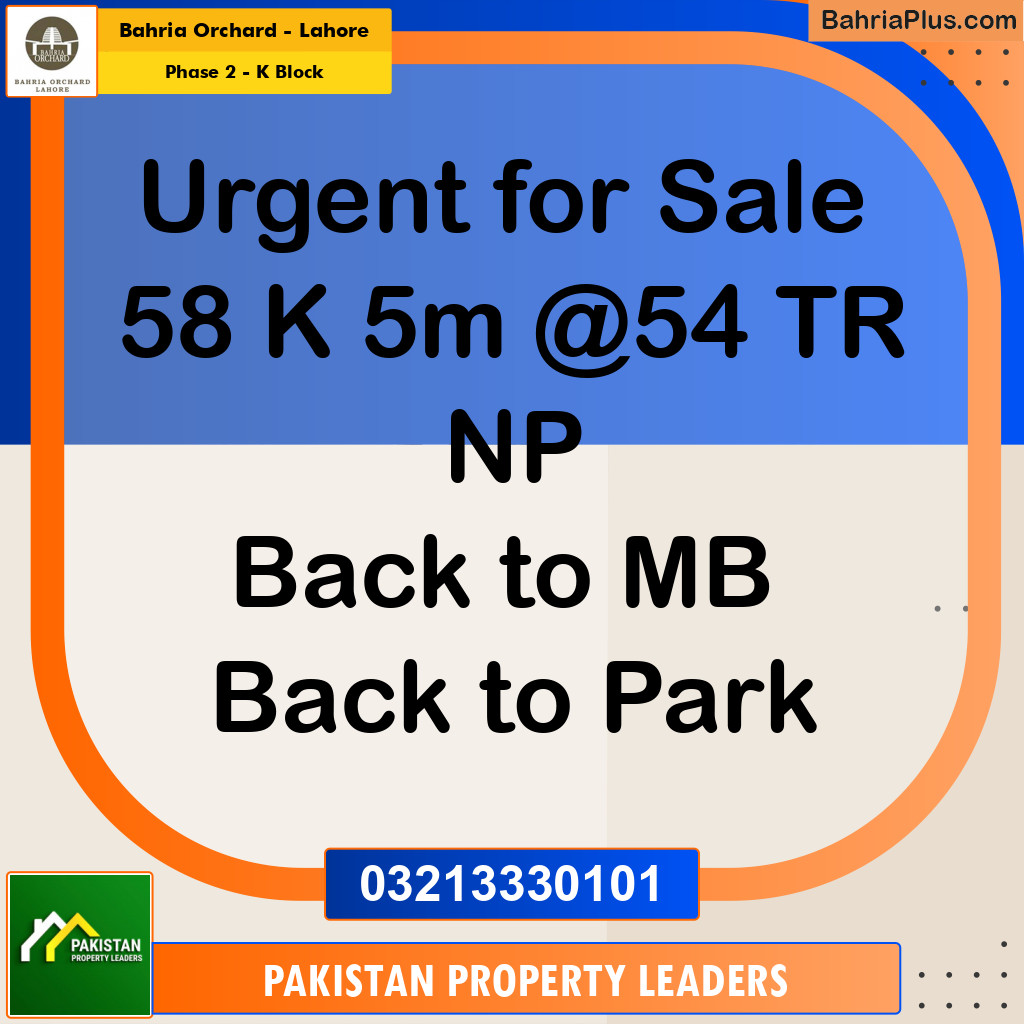 5 Marla Residential Plot for Sale in Phase 2 - K Block -  Bahria Orchard, Lahore - (BP-256151)
