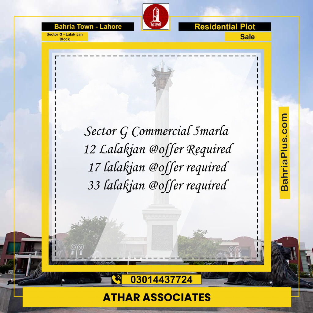 5 Marla Residential Plot for Sale in Sector G - Lalak Jan Block -  Bahria Town, Lahore - (BP-256178)