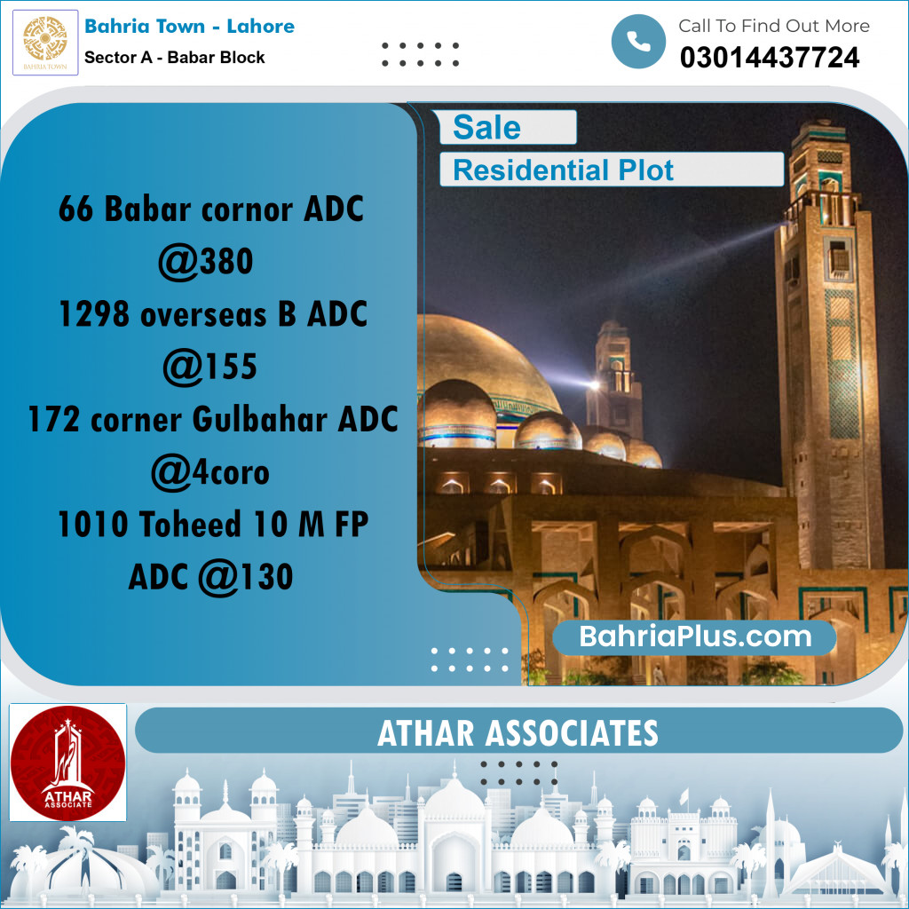 20 Marla Residential Plot for Sale in Sector A - Babar Block -  Bahria Town, Lahore - (BP-256294)