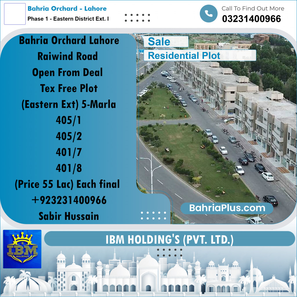 5 Marla Residential Plot for Sale in Phase 1 - Eastern District Ext. I -  Bahria Orchard, Lahore - (BP-256339)