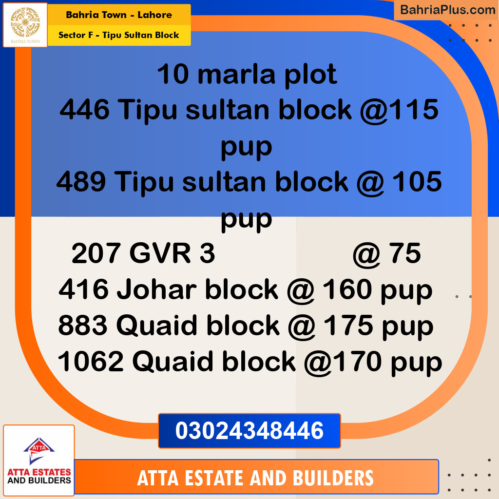 10 Marla Residential Plot for Sale in Sector F - Tipu Sultan Block -  Bahria Town, Lahore - (BP-256468)