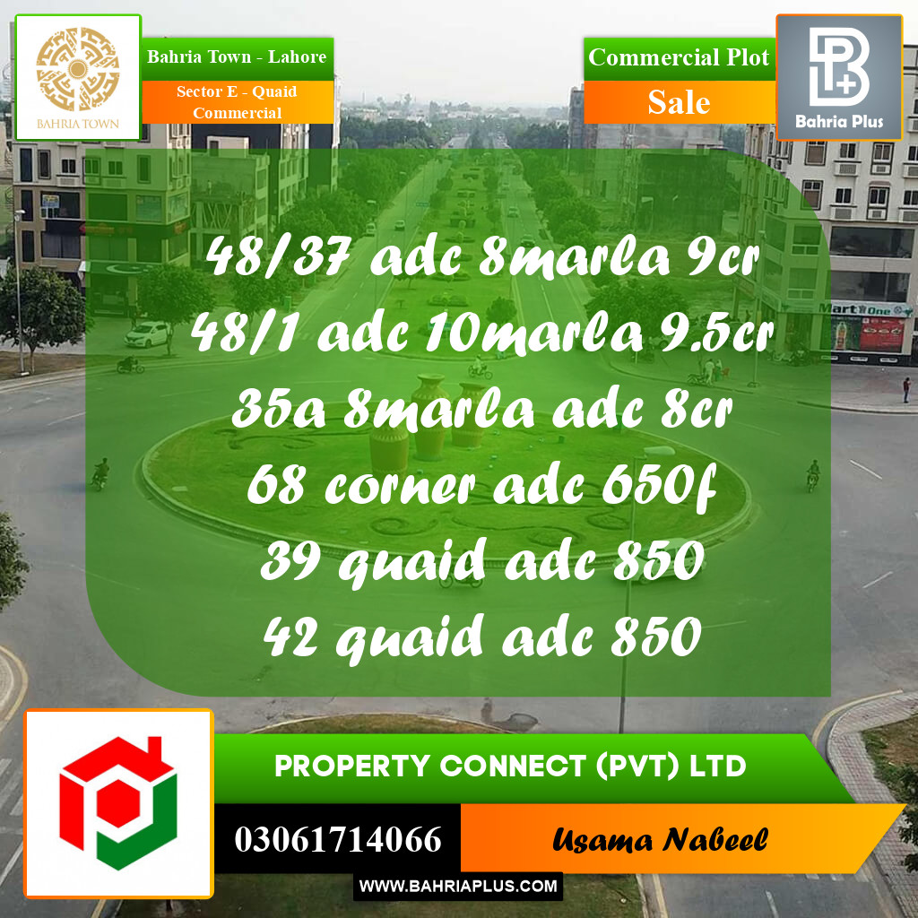 Commercial Plot for Sale in Sector E - Quaid Commercial -  Bahria Town, Lahore - (BP-256473)