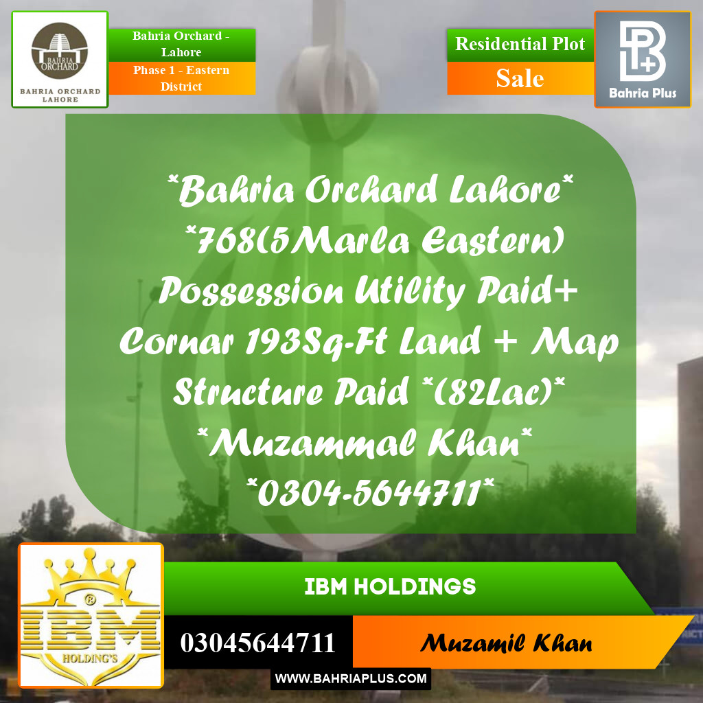 5 Marla Residential Plot for Sale in Phase 1 - Eastern District -  Bahria Orchard, Lahore - (BP-256489)