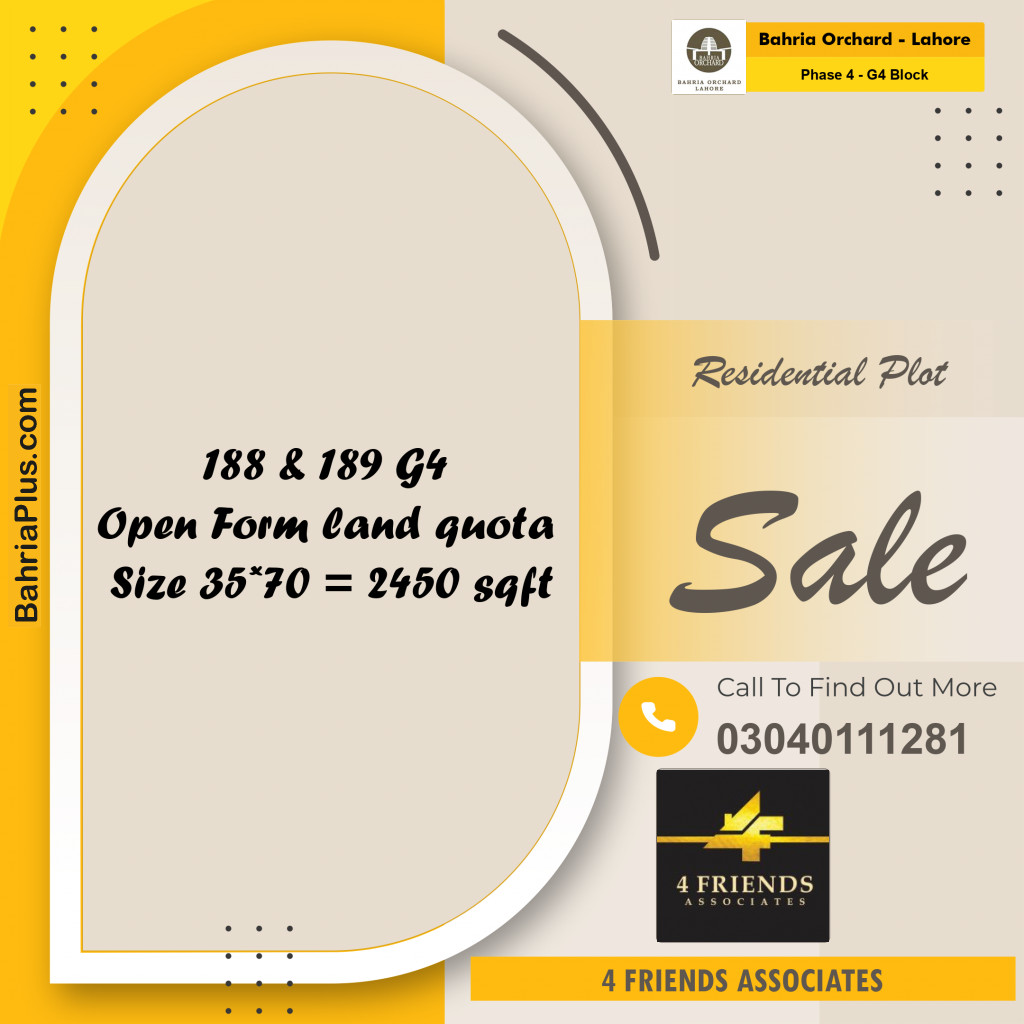 11 Marla Residential Plot for Sale in Phase 4 - G4 Block -  Bahria Orchard, Lahore - (BP-256515)