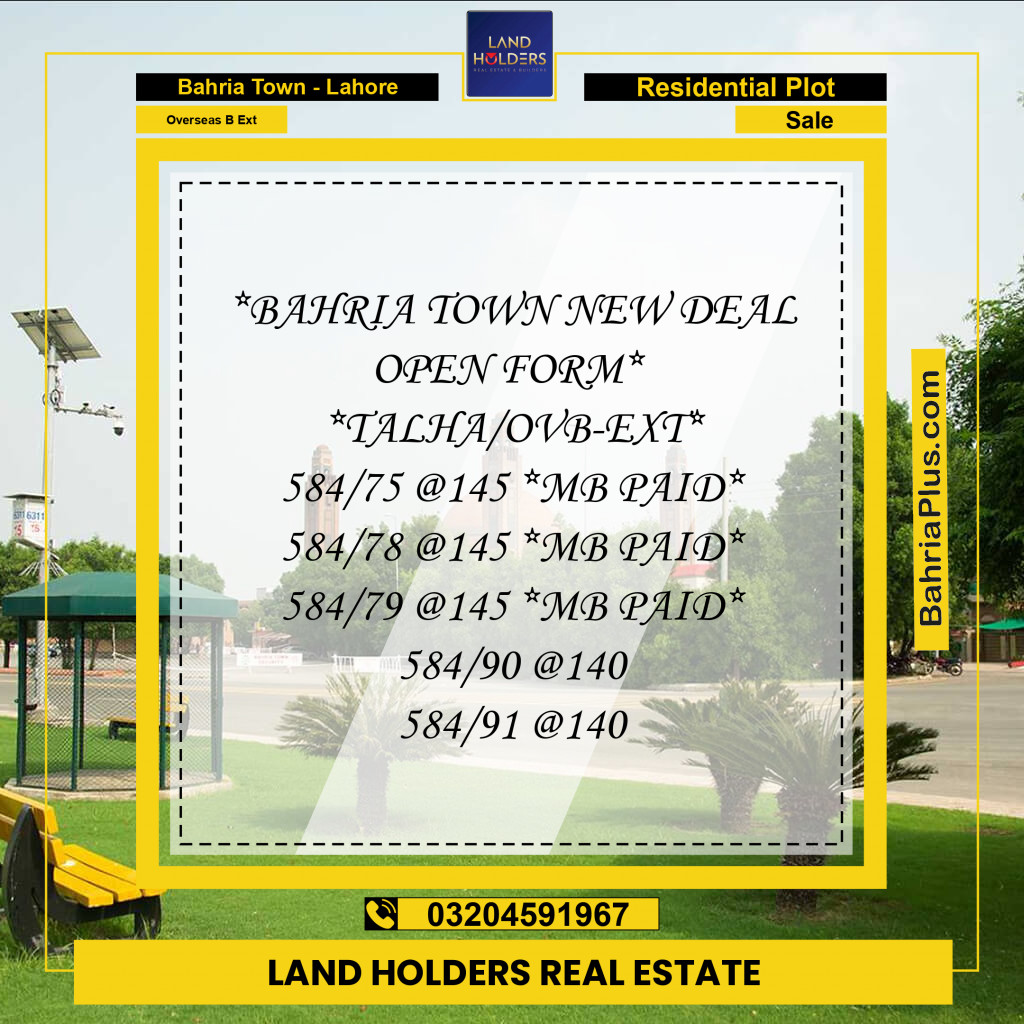 10 Marla Residential Plot for Sale in Overseas B Ext -  Bahria Town, Lahore - (BP-256525)
