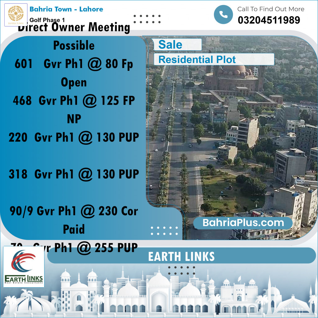 10 Marla Residential Plot for Sale in Golf Phase 1 -  Bahria Town, Lahore - (BP-256650)