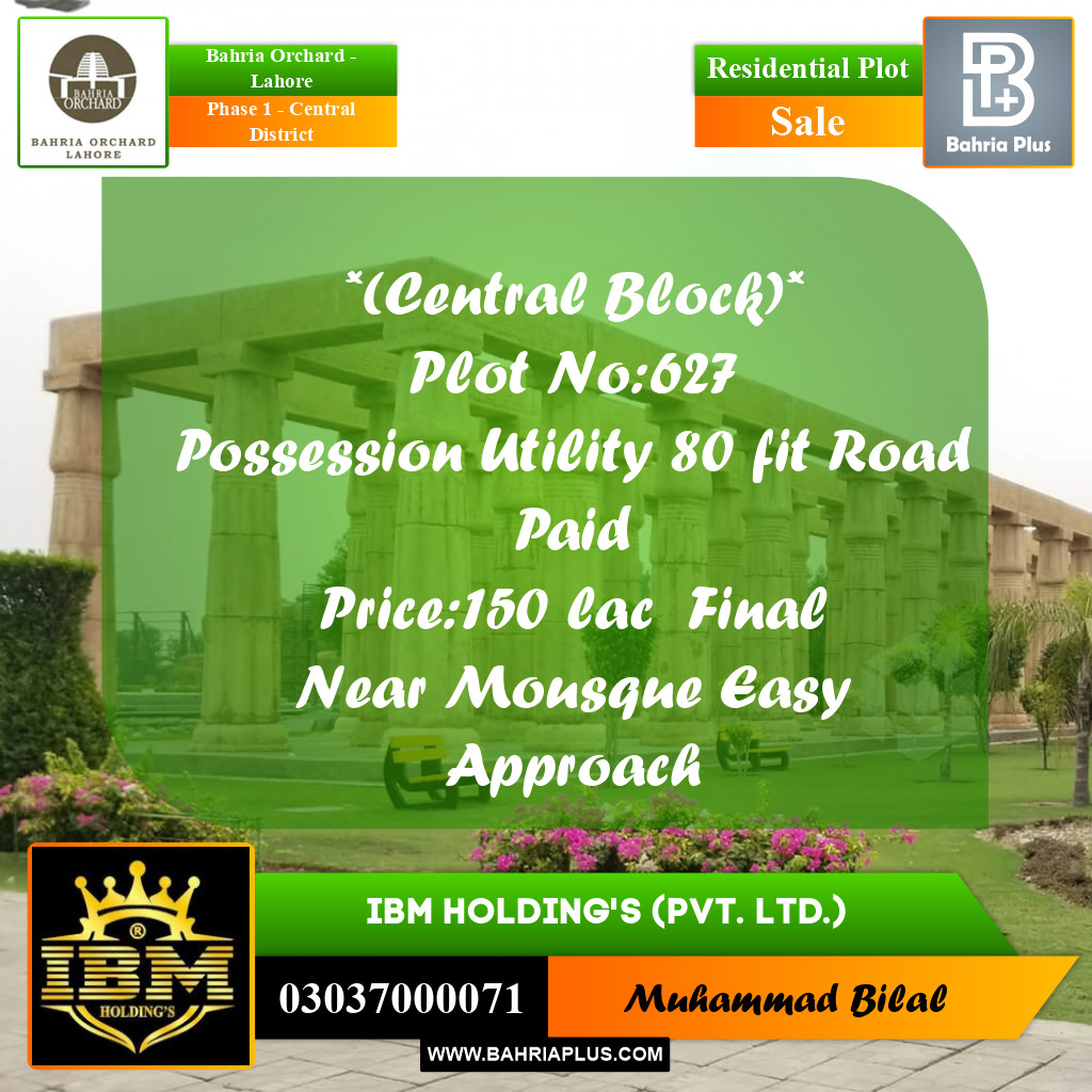 10 Marla Residential Plot for Sale in Phase 1 - Central District -  Bahria Orchard, Lahore - (BP-256728)