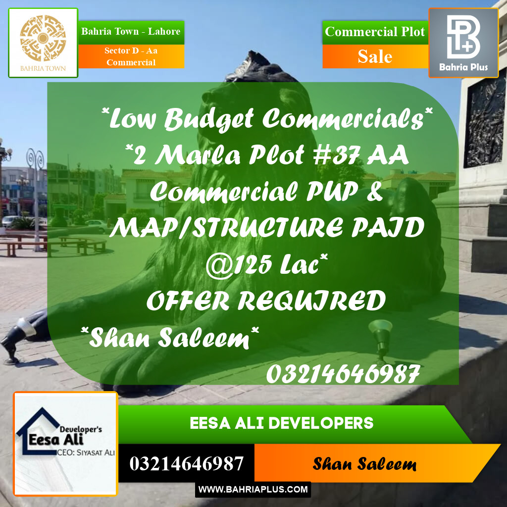 2 Marla Commercial Plot for Sale in Sector D - AA Commercial -  Bahria Town, Lahore - (BP-256731)