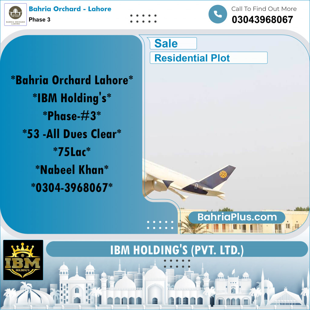 8 Marla Residential Plot for Sale in Phase 3 -  Bahria Orchard, Lahore - (BP-256757)