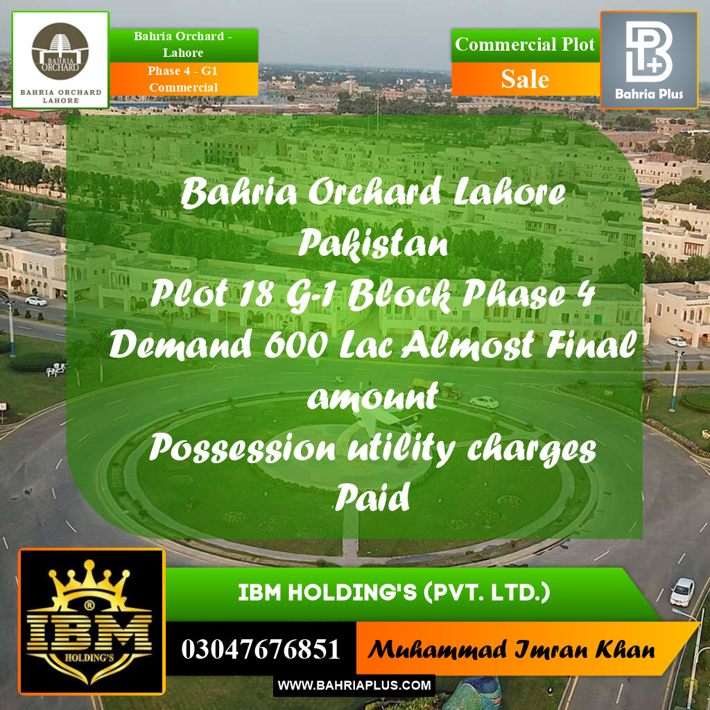 8 Marla Commercial Plot for Sale in Phase 4 - G1 Commercial -  Bahria Orchard, Lahore - (BP-256799)