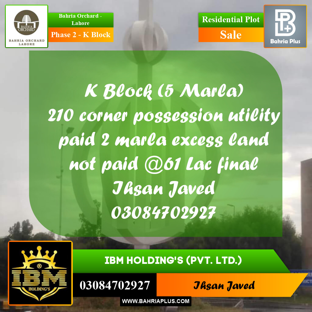 5 Marla Residential Plot for Sale in Phase 2 - K Block -  Bahria Orchard, Lahore - (BP-256831)