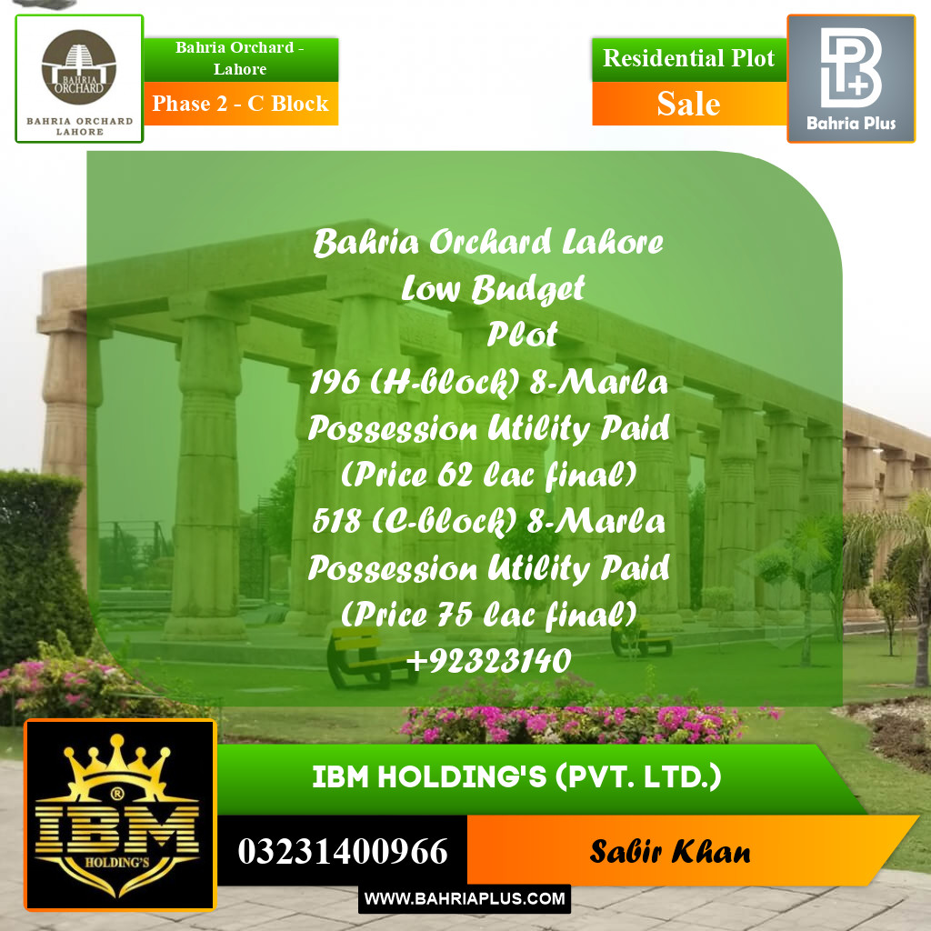 8 Marla Residential Plot for Sale in Phase 2 - C Block -  Bahria Orchard, Lahore - (BP-256846)