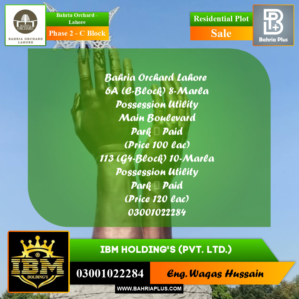 8 Marla Residential Plot for Sale in Phase 2 - C Block -  Bahria Orchard, Lahore - (BP-256864)