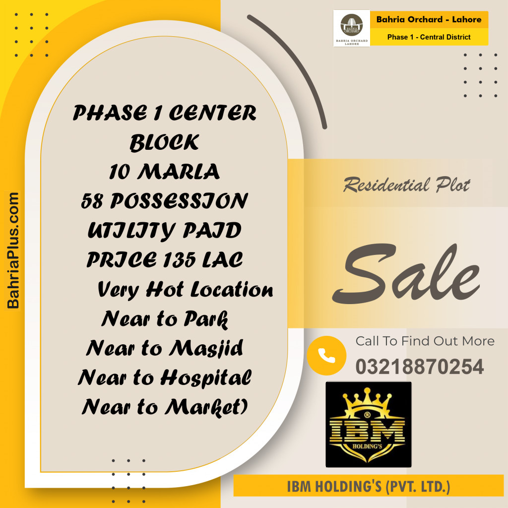 10 Marla Residential Plot for Sale in Phase 1 - Central District -  Bahria Orchard, Lahore - (BP-256920)