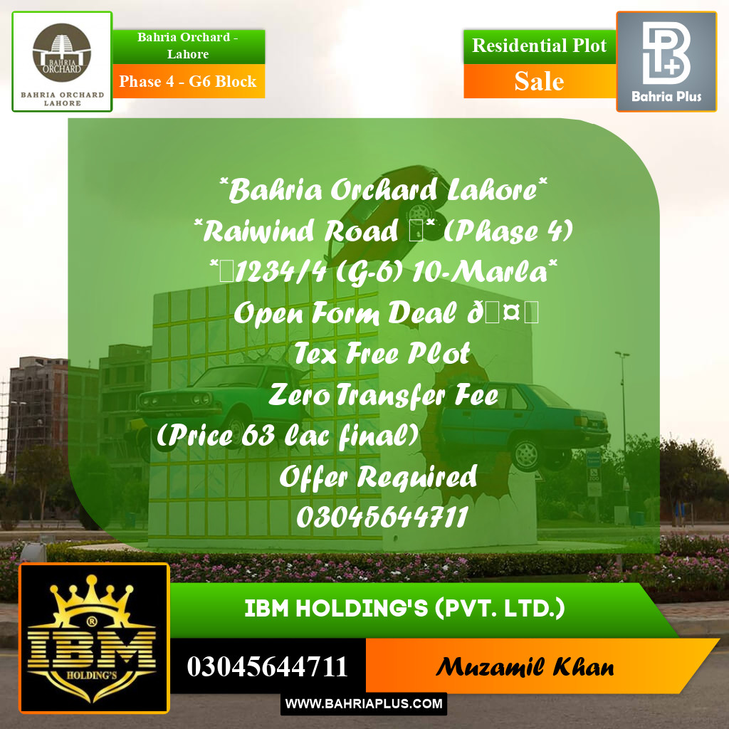 10 Marla Residential Plot for Sale in Phase 4 - G6 Block -  Bahria Orchard, Lahore - (BP-256951)