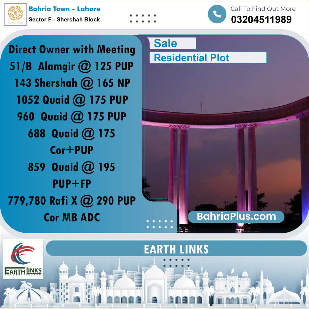 10 Marla Residential Plot for Sale in Sector F - Shershah Block -  Bahria Town, Lahore - (BP-257246)