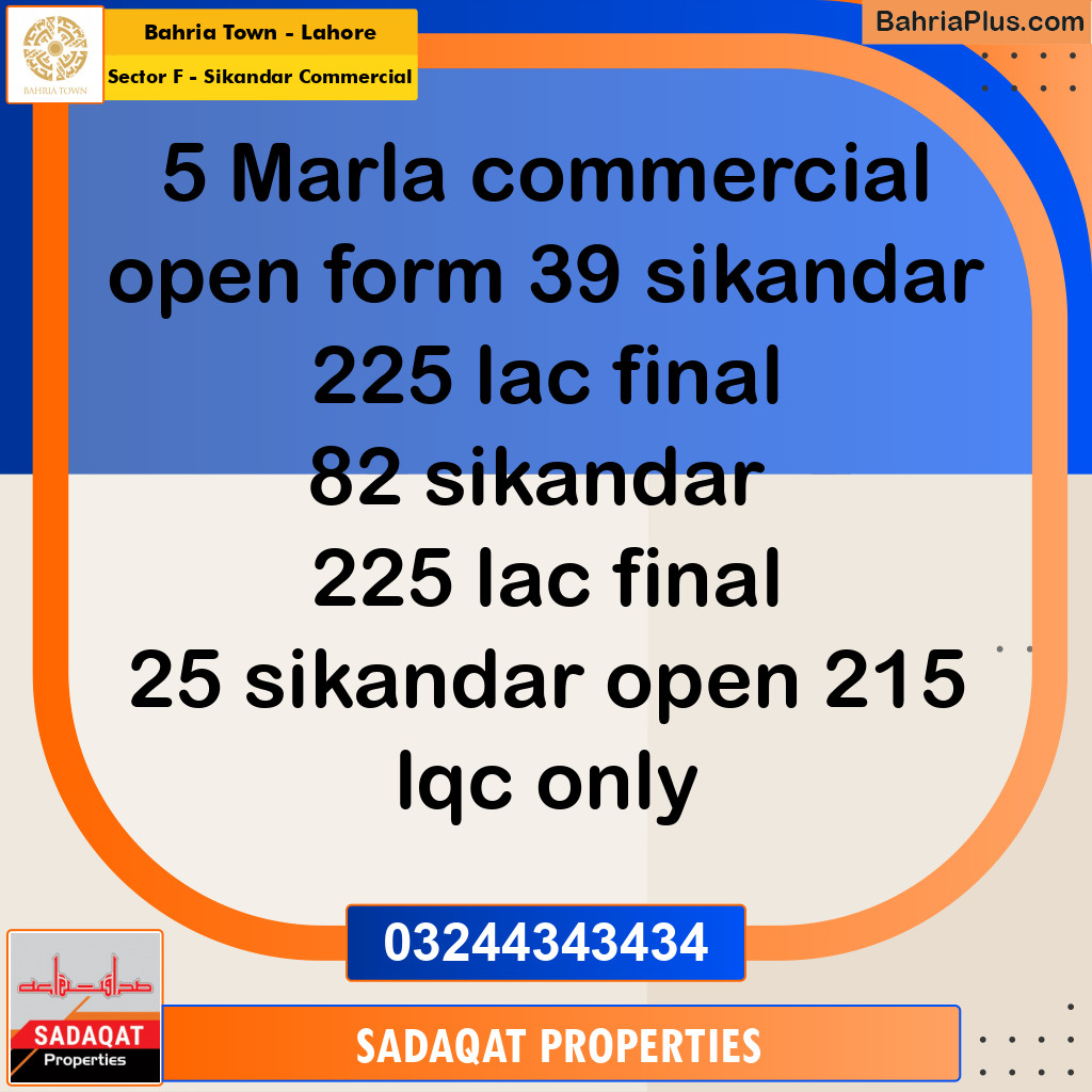 5 Marla Commercial Plot for Sale in Sector F - Sikandar Commercial -  Bahria Town, Lahore - (BP-257256)