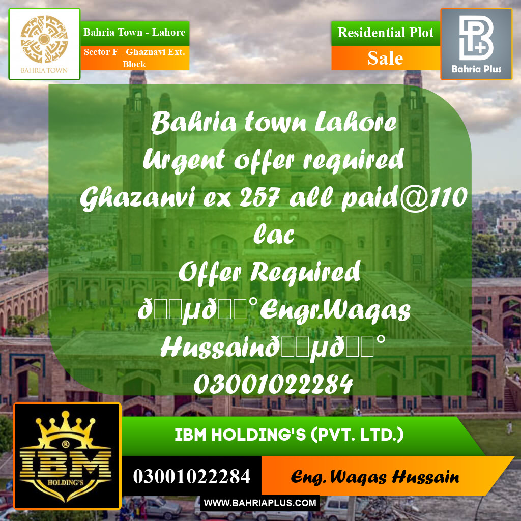 10 Marla Residential Plot for Sale in Sector F - Ghaznavi Ext. Block -  Bahria Town, Lahore - (BP-257284)